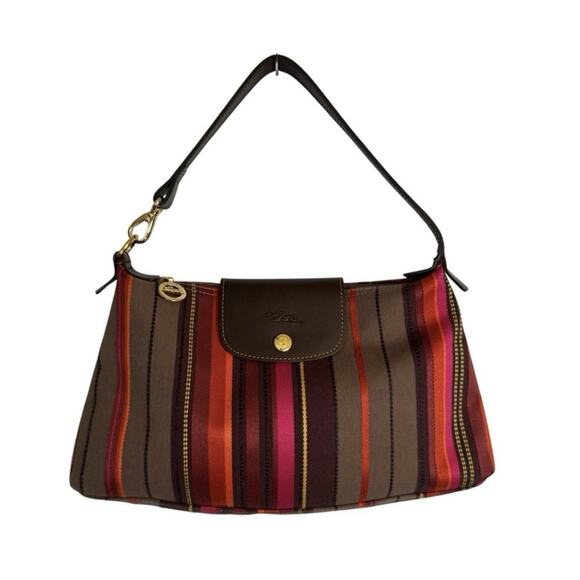 Longchamp Women’s Shoulder Bag Canvas Brown Gold Striped Tote Purse France Rare - Picture 1 of 12